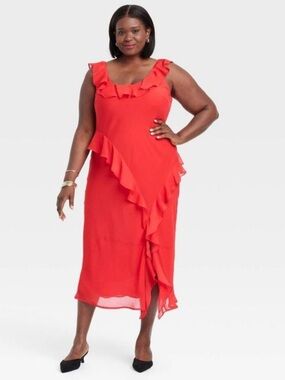 Elegant Red Ruffle Dress Plus XXL